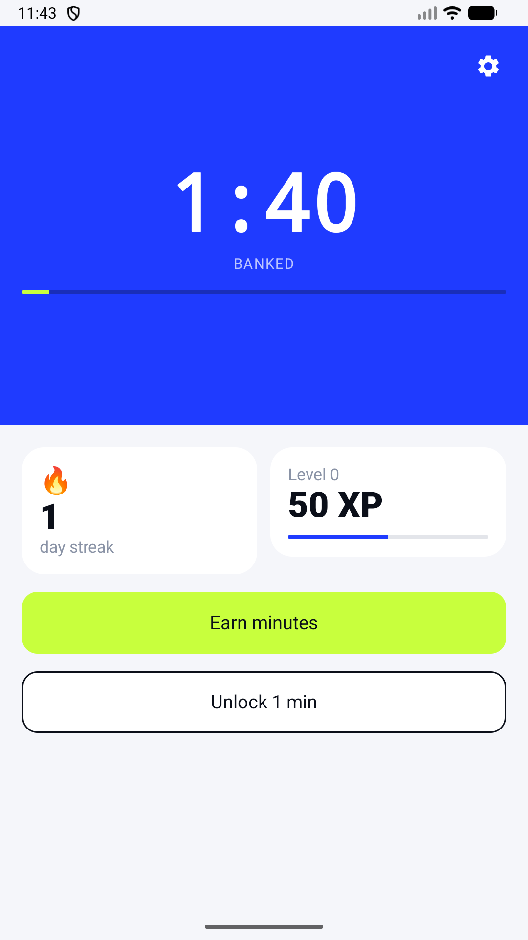 Fitlock displaying 1 minute 40 seconds banked with an unlock action